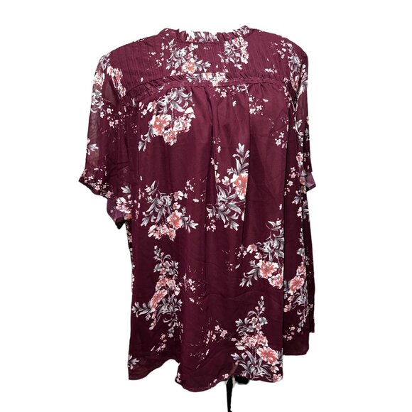BloomChic Floral Ribbon Neck Sheer Flowy Blouse Sz 22/24 (3XL) Womens Burgundy T - Picture 1 of 7